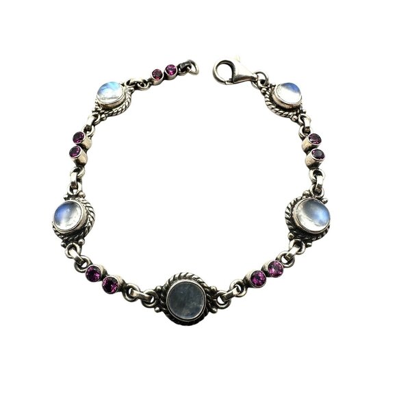 Purple Amethyst & Moonstone Gemstone Sterling Silver Bracelet 7 Inch 13 Grams - Picture 4 of 6